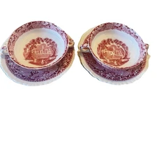 RARE Mason's Vista China Pink Cream Soup Bowl & Saucer No Rim Set Of 2
