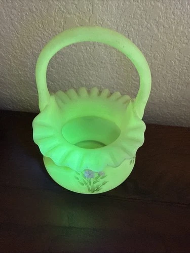 Fenton Uranium Satin Custard Glass Basket Pink Blossoms Hand Painted Signed