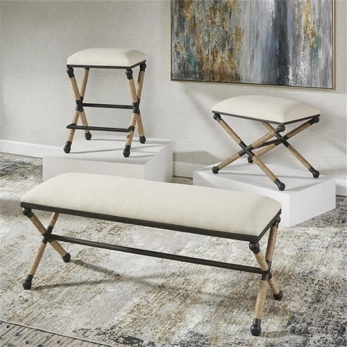 Uttermost Firth Coastal Iron MDF and Fabric Bench in Oatmeal Beige - Picture 11 of 13