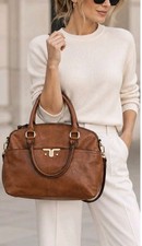 BUENO Brown Faux Leather Satchel Bag Large Tote Crossbody Gold Hardware