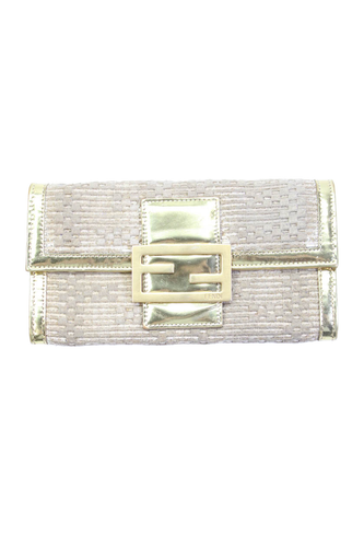 Fendi Womens Metallic Leather Trim Flap Bi Fold Wallet Gold Tone Brown