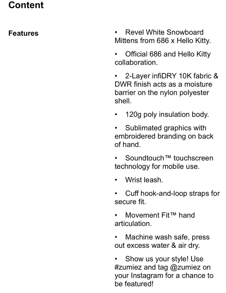 686 x Hello Kitty Women'sJubilee? Guantes de snowboard blancos 10K - blancos/medianos Foto 4 de 4