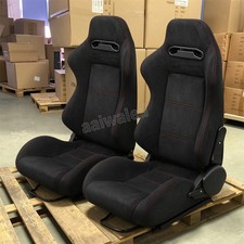 New Pair Universal Bucket Racing Seats Red Stitch Black Suede Fabric Reclinable