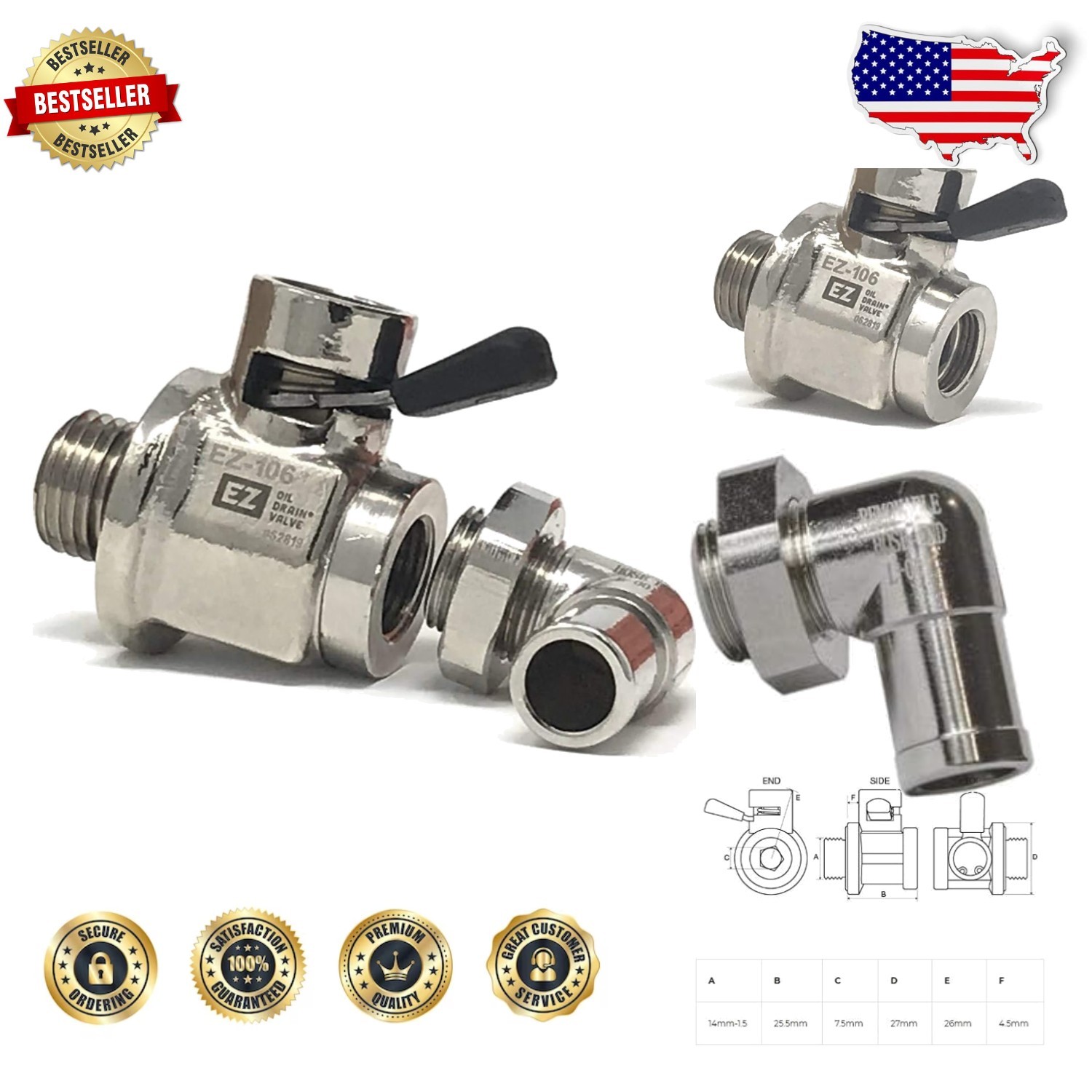 EZ Oil Drain Valve 14mm-1.5 Brass NPT Hose End Combo   Certified