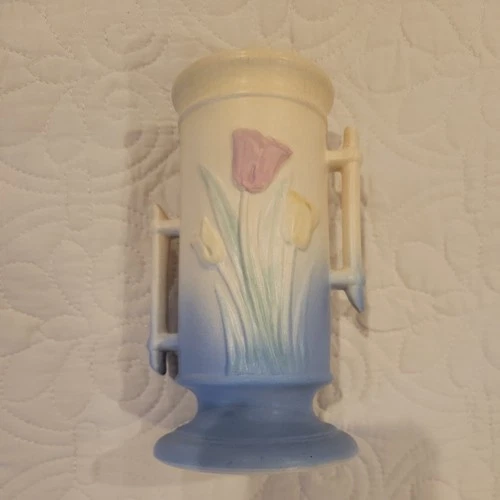 VTG Hull Pottery Tulip Flower Vase 107-33-6 Cream/Blue Matte Glaze 6 1/2" USA