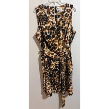 Calvin Klein Sleeveless Self Tie V-Neck Leopard Print Dress Plus Size 18W