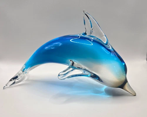 HUGE 10 1/4" VTG Murano Glass Sommerso Dolphin Figurine Paperweight Nautical