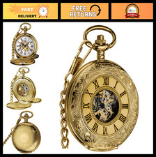 Vintage Mechanical Hand Wind Pocket Watch for Men, Skeleton Design with Chain