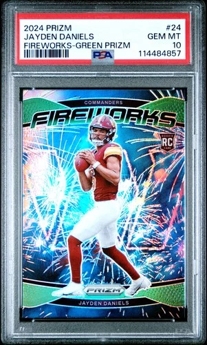 2024 PANINI PRIZM FIREWORKS GREEN PRIZM #24 JAYDEN DANIELS PSA 10