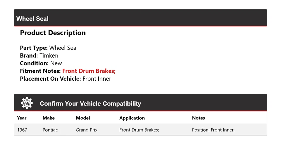 Sello de rueda interior delantero Timken para Pontiac Grand Prix 1967 Foto 2 de 4