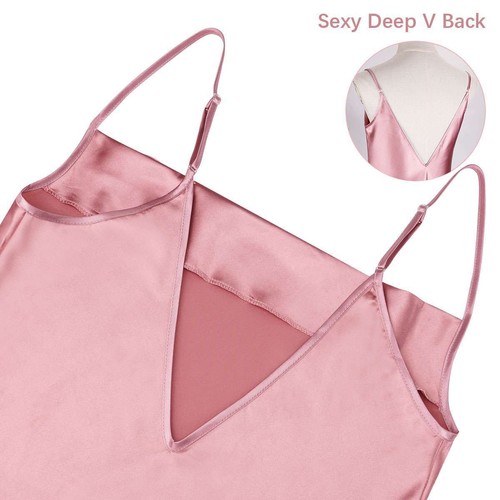 Women Satin Faux Silk Dress Strappy Underdress Nightdress Sexy A-line Long Slit - Picture 15 of 20