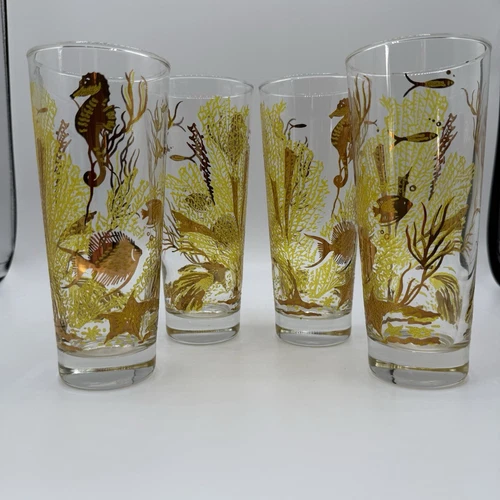 Set 4 Bartlett Collins Under The Sea 22K GOLD Gilt Glass Tumblers Mid Century