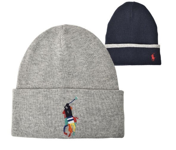 PONY Polo Ralph Lauren Uomo Berretto Reversibile Misto Lana Cappello con Polsini OS Grigio e Navy