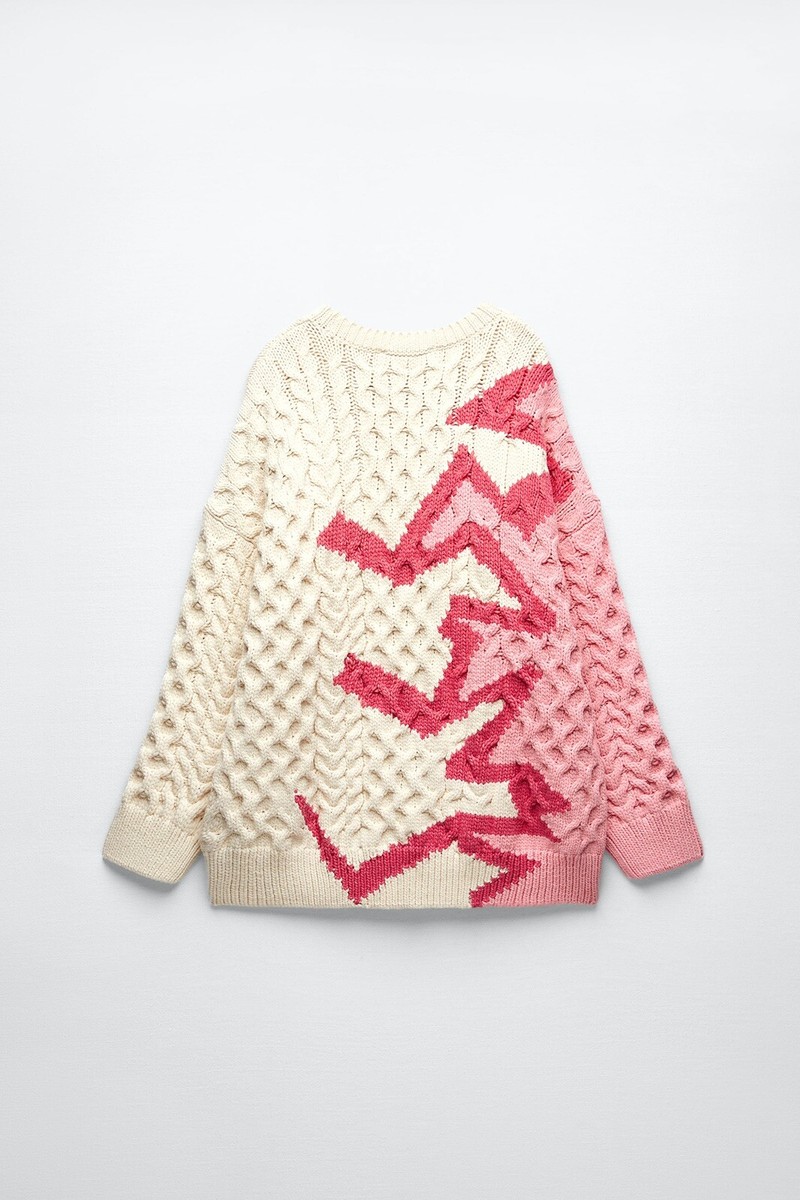 ZARA Cream Pink JACQUARD CABLE-KNIT Sweater 3859/019 | eBay