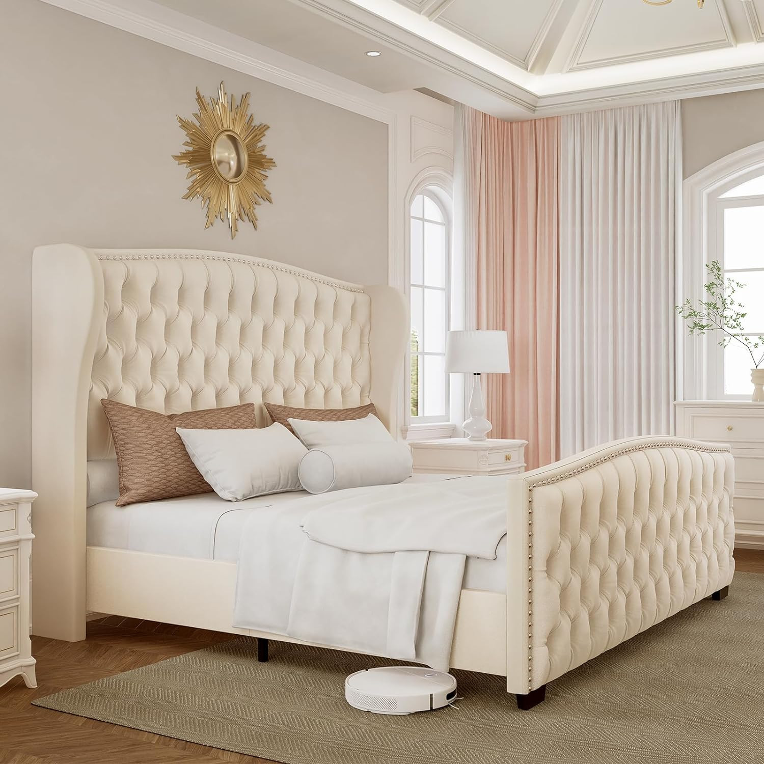 Platform Bed Frame Velvet Upholstered Wingback Tufted Headboard Wood Slat Queen
