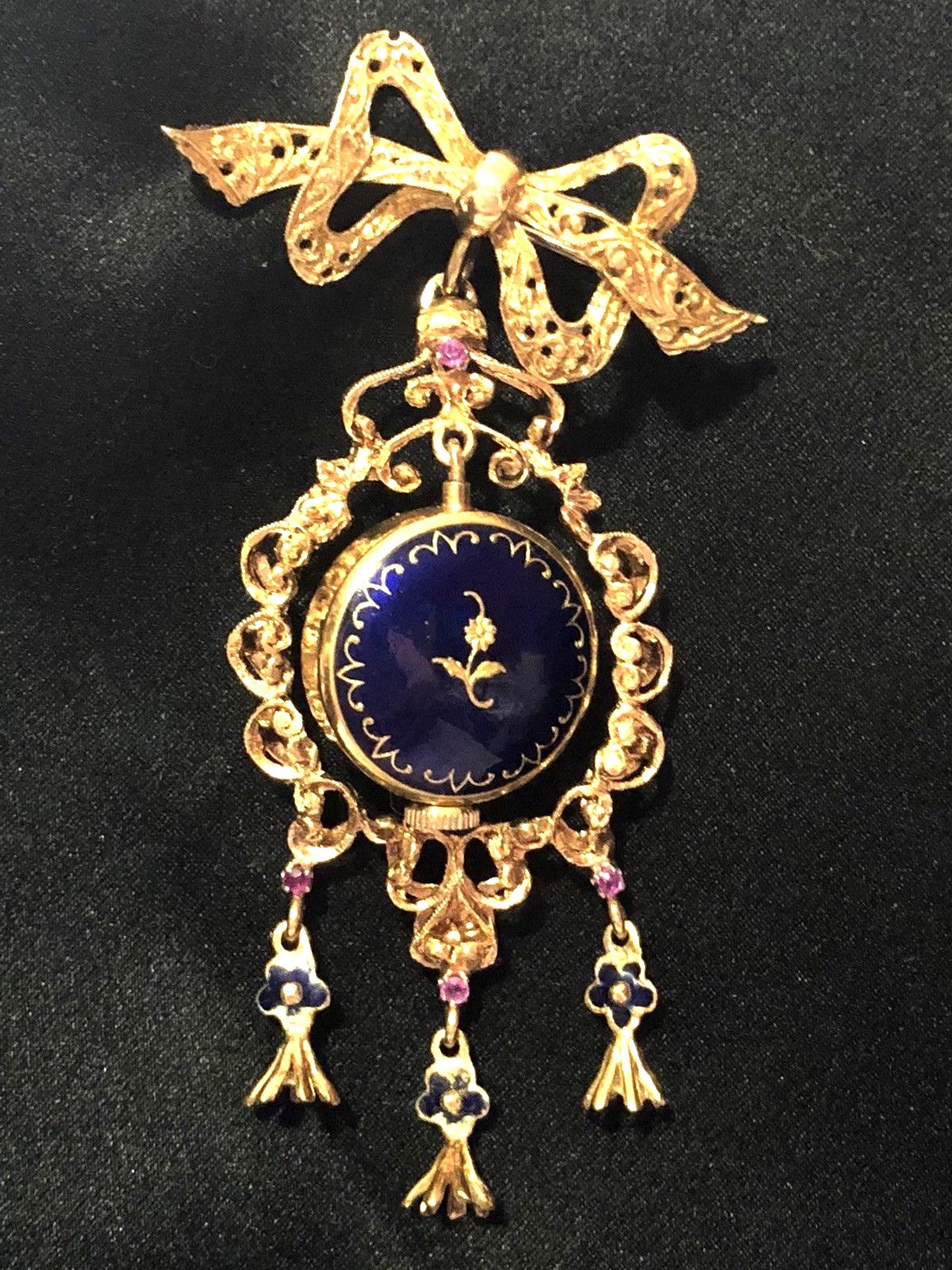 Antique 18k Yellow Gold Italian Ruby Blue Enamel Lapel Watch Brooch/Pin