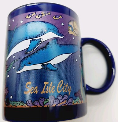 Sea Isle City NJ Coffee Mug Fish Sea Ocean Dolphins Blue 4''