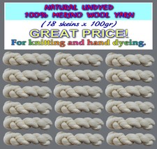 Natural Undyed 100 MERINO WOOL yarn, 1800g 18 skeins x 100g 