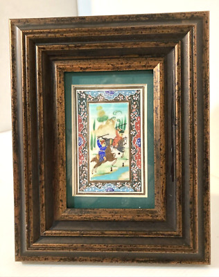 Persian Miniature Hand Painting On Bone - Framed Hunting / Horse Scene