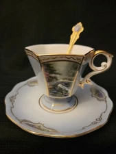 Lovely Thomas Kinkade Teacup Saucer Spoon  Bradford Editions
