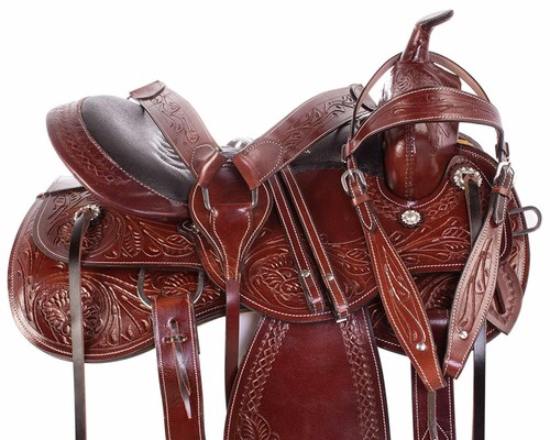 Western Trail Saddle Comfy Seat Premium Tooled Leather Horse Tack Headstall - Picture 2 of 8