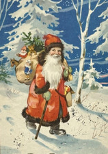 Santa Brown Trim Suit in Snowy Woods GERMAN Christmas Postcard