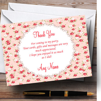 Personalisierte Party Dankeskarten rot und koralle rosa Blumen Shabby Chic Chintz