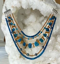 SS APATITE SPESSARTINE KYANITE TAHITIAN PEARL NECKLACE  5 STRANDS & EARRINGS