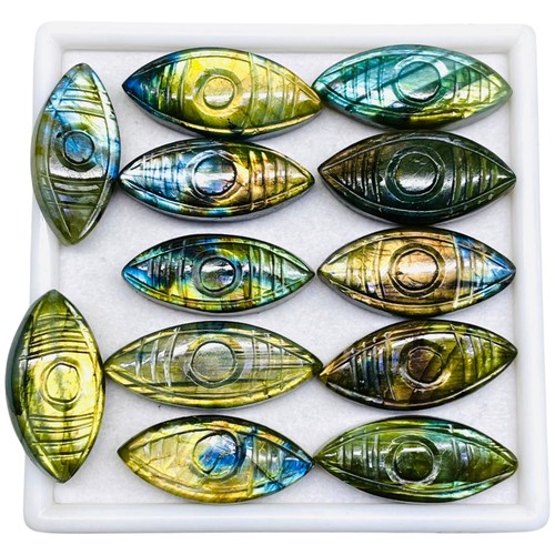 12 Pcs Natural Labradorite 32.5-38mm Marquise Carved Eye Flashy Losse Gemstones - Picture 10 of 13