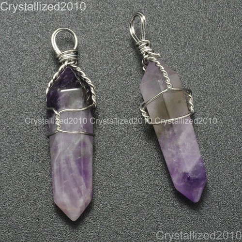 Natural Gemstones Hexagonal Pointed Reiki Chakra Wire Wrap Silver Chain Necklace - Picture 8 of 23