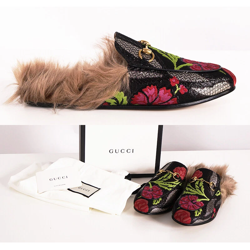 angreb Bevidst snack 37 NEW $1080 GUCCI Black Floral BROCADE Jacquard FUR Princetown Slippers  LOAFERS | eBay