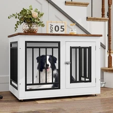 28/35/39in Dog Crate Furniture Kennel Wooden Side End Table with Removable Bowls