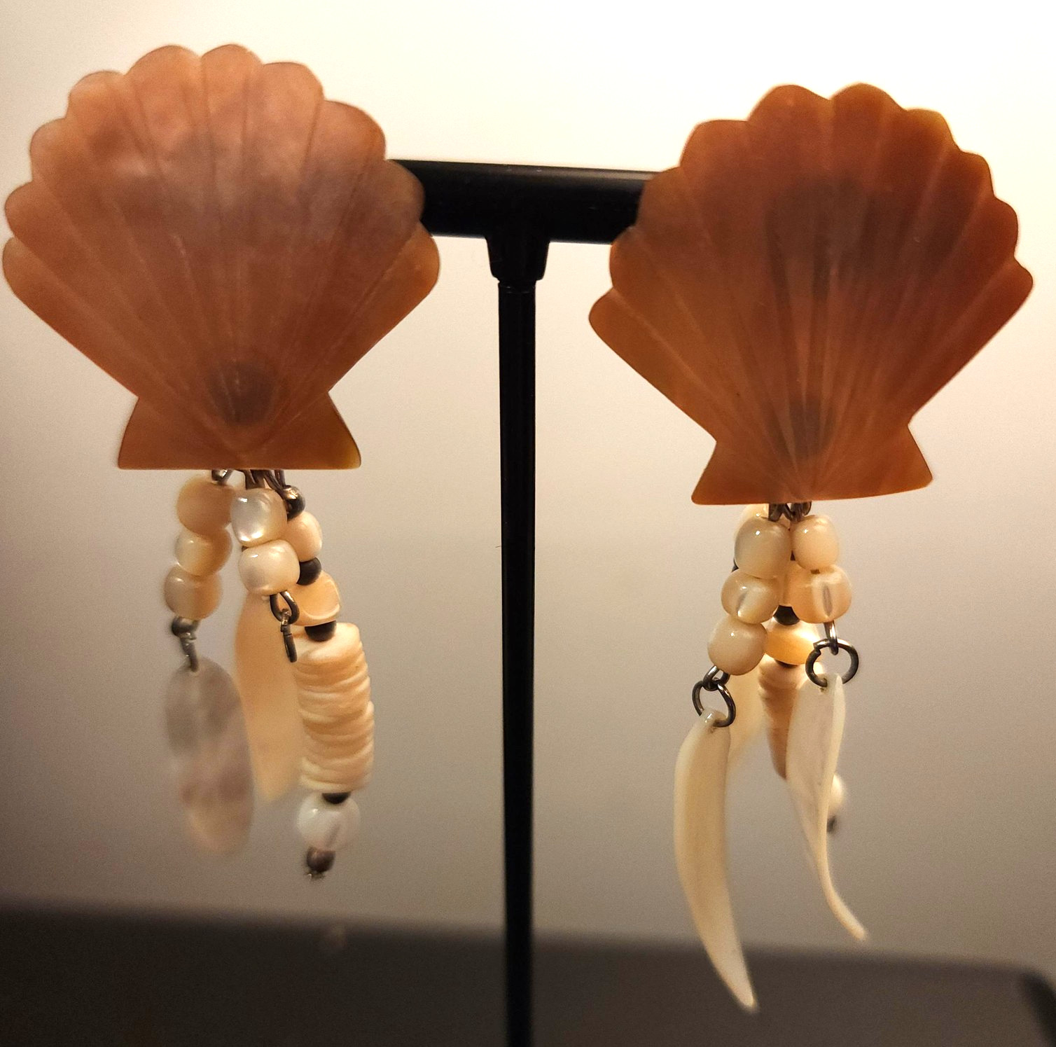 Seashell Dangle Earrings Brown Shell Top Beads Wh… - image 1