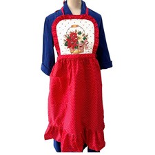 Vintage Christmas Apron Poinsettia Basket Ruffle Holiday Trimmings Cottagecore