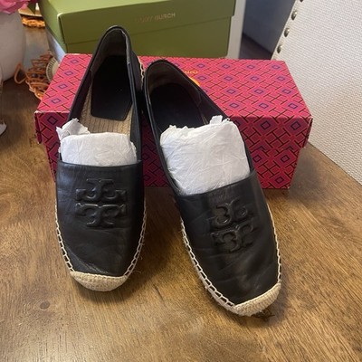 100% Authentic Tory Burch BLACK EVERLY LEATHER ESPADRILLE NEVADA US Size 7