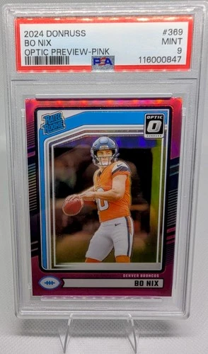 PSA 9 2024 Panini Donruss Rated Rookie Bo Nix #369 Optic Preview Pink Prizm RC