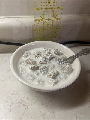 Realistic Faux Frosted Mini Wheats Cereal Bowl w/ Milk & Metal Spoon For Home St