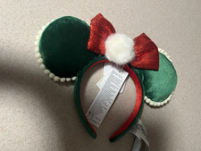 Disney Parks Christmas Green Minnie Mouse Ear Red Bow Headband NWT