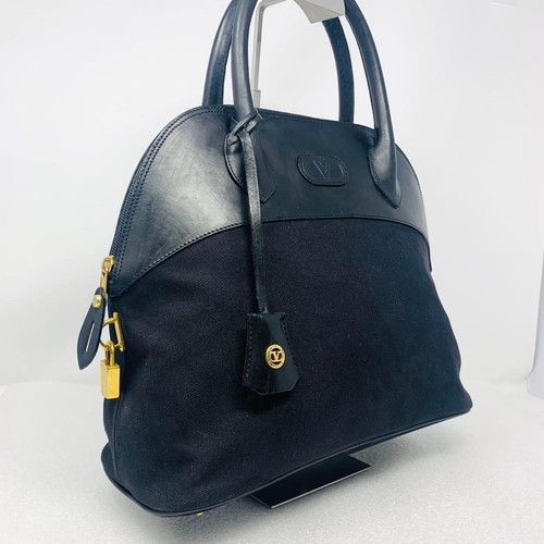 VALENTINO GARAVANI Women Padlock Dome-Shaped Hand bag Black Leather Canvas