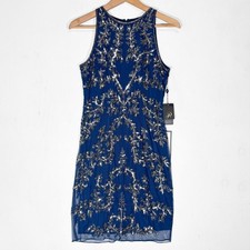 Adrianna Papell NEW Twilight Blue Sleeveless Halter Beaded Short Dress Womens 4