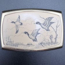 Gold-Tone Belt Buckle Featuring Trio of Flying Ducks