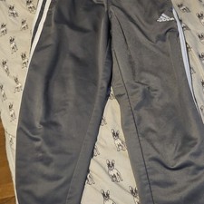 adidas Boys Gray Track Pants Size 6 White Side Stripes Elastic Waist Pull-On