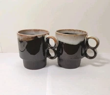 2 - Two Finger Handle Brown Drip Glaze Coffee Cups Stackable Japan, GUC VTG MCM