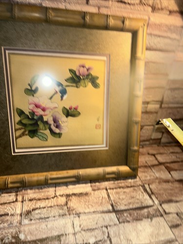Signiertes japanisches Kunst Seidengemälde blauer Vogel Kirschblüten gerahmt - Bild 10 von 11