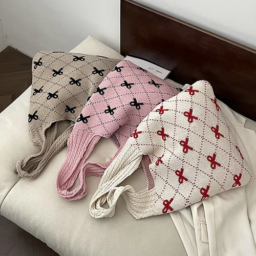 Women Crochet Tote Bag Large Capacity Bow Pattern Knitted Shopping Bag