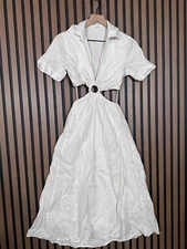 Dissh Shirt Dress US 4 / S Womens White !00% Linen Cut Out Waist A Line Maxi