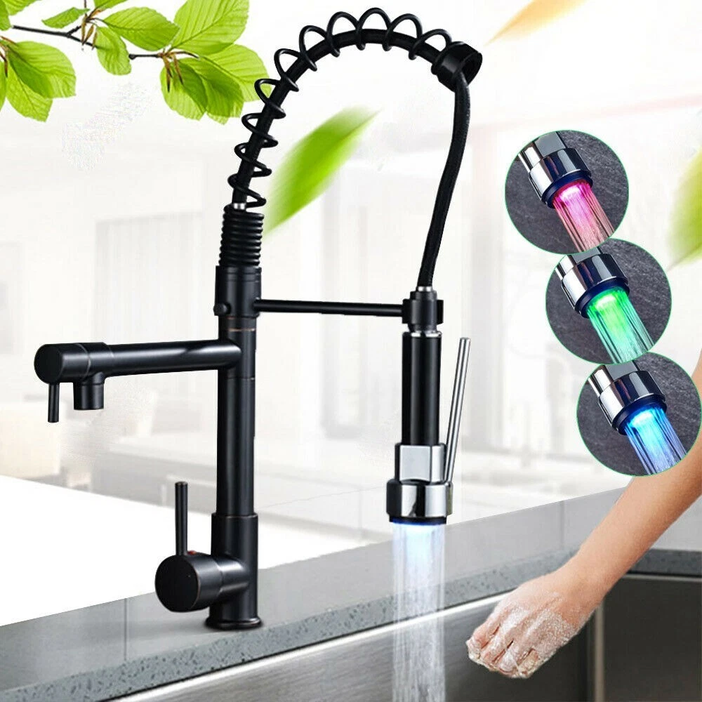 Grifo de cocina LED giratorio 360 ° muelle en espiral manguera extensible  grifo