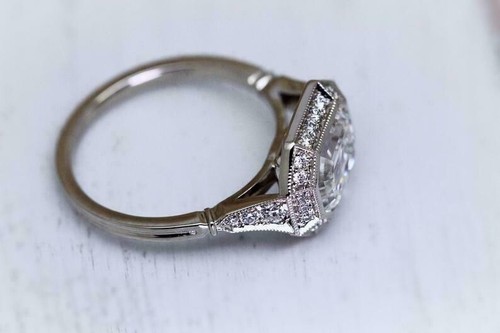 Art Deco Emerald Cut Lab Created Diamond Engagement 14K White Gold Finish Ring - Picture 3 of 9