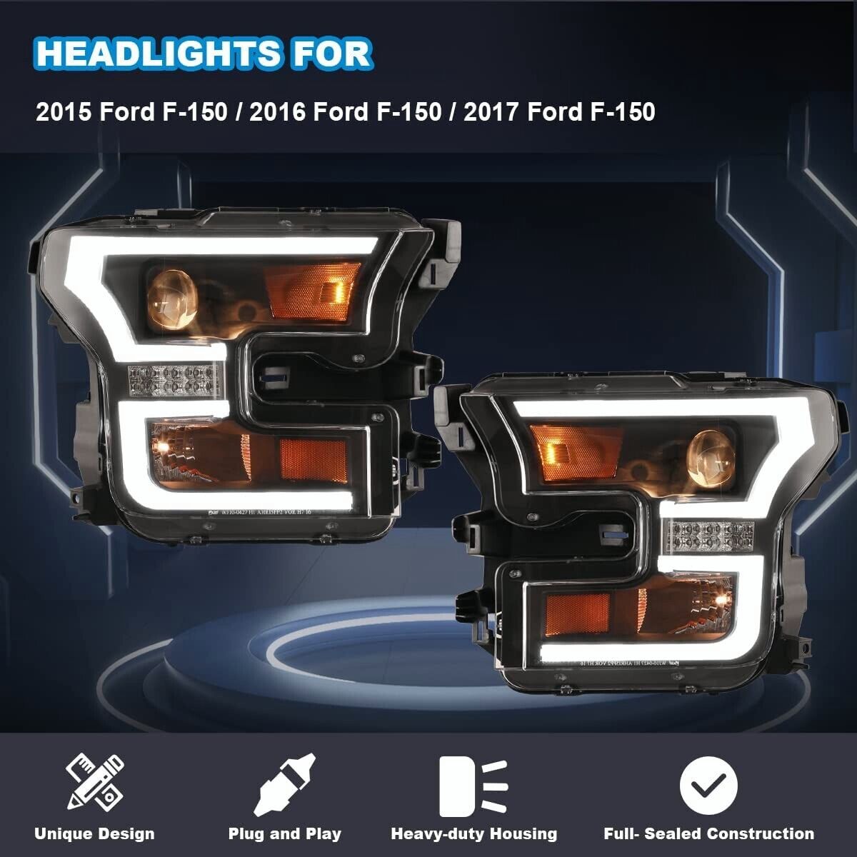 For 2015 2016 2017 Ford F-150 F150 Black LED Bar Projector Headlights Headlamps eBay USヘッドライト 2015年から2016年Ford f-150プロジェクターヘッドライトW 板スタイルデザインBla ANZO for 2015-2016 Ford for F-150 Projector Headlights w Plank Style Design Bla