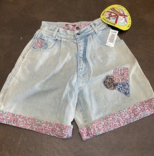NWT Vtg Acid Wash Jean Shorts 1980s High Rise Fold Over Waist Pink Floral Print